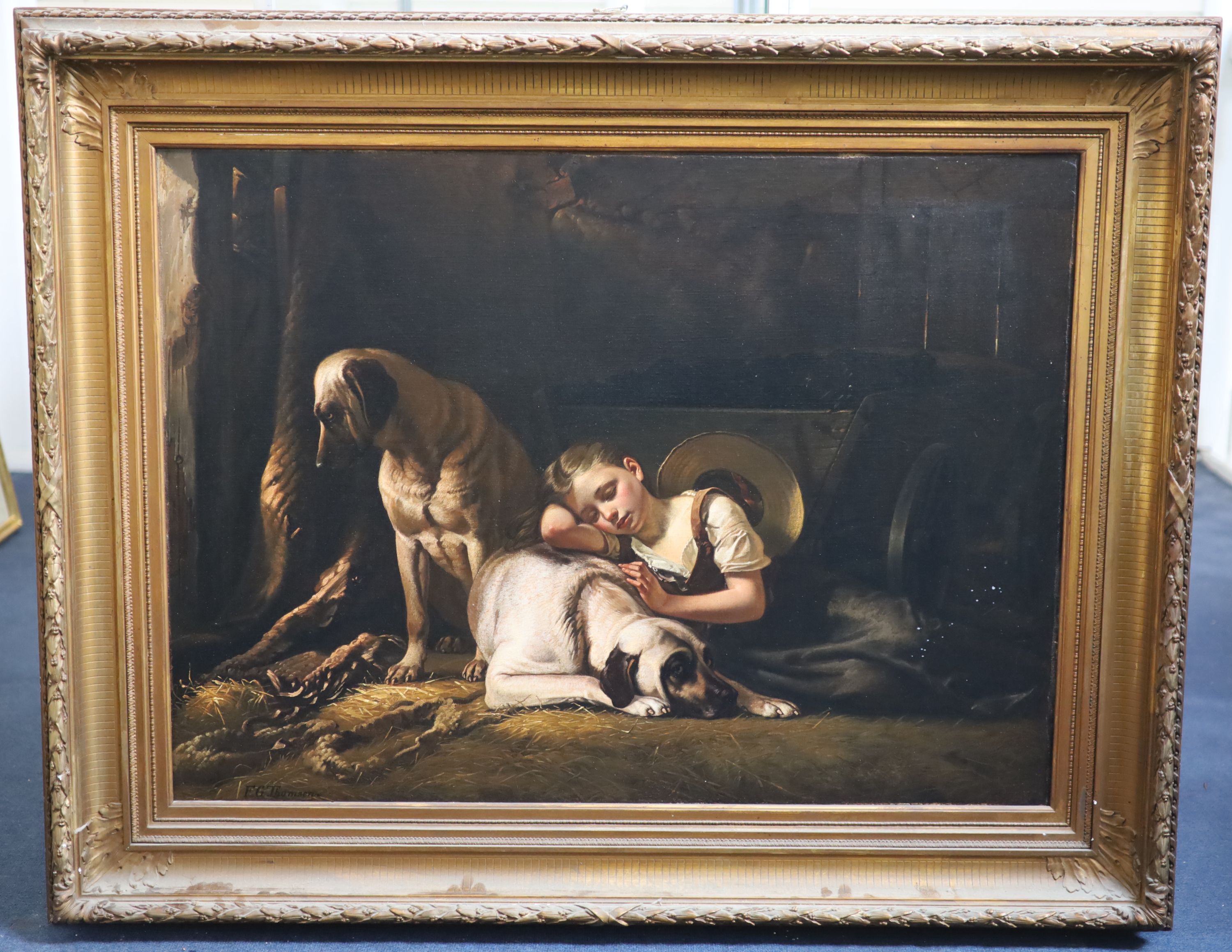 Fritz Gotfred Thomsen (1819-1891) Girl and mastiffs in a stable 28.5 x 39in.